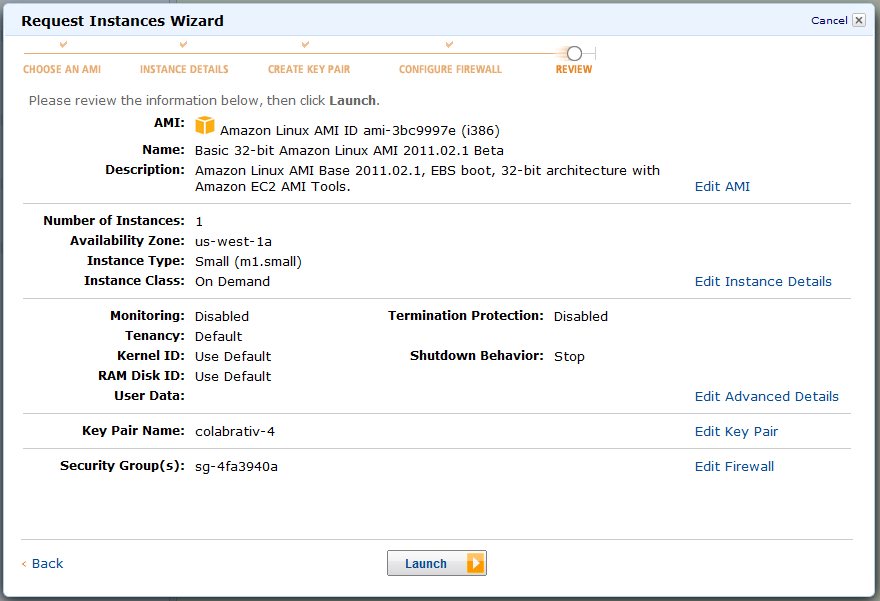 Review section Amazon EC2 Request Instances Wizard popup for a server capable of running Colabrativ's enterprise electronic notebook, iExpertiment.