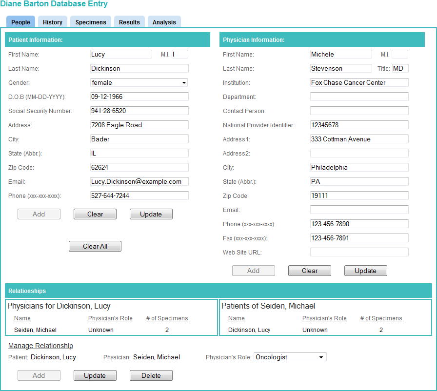 The People tab contains the Patient Information, the Physician Information and the Relationship forms.  The Relationship form manages the relationship between patients and and their physicians.