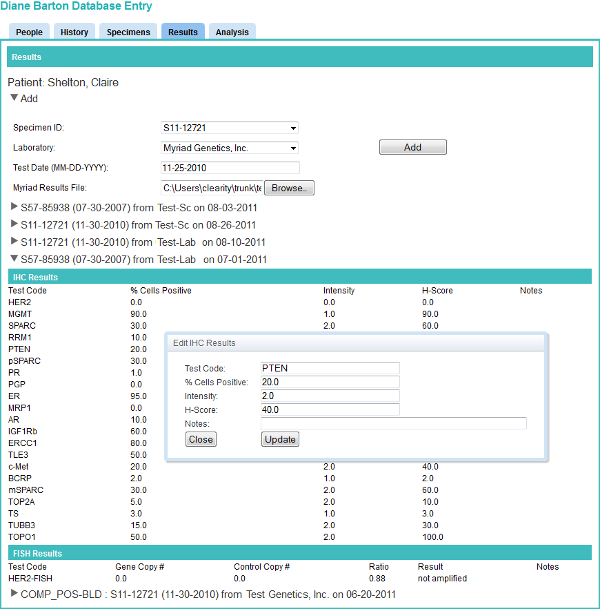 The Specimen form/tab collects the relevant information on the specimens that were collected from the patient.  The clinical location of the specimen, and the physician associated with the specimen captured in this form.