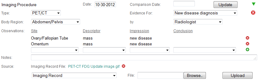 A fictitious ovarian cancer patient Imaging Procedure history event shown in detailed display mode in Colabrativ's Clinical Entry and Operations (Cleo) application.  All of the personal information displayed in this figure is fictitious, and does not represent a real individual or their medical history.