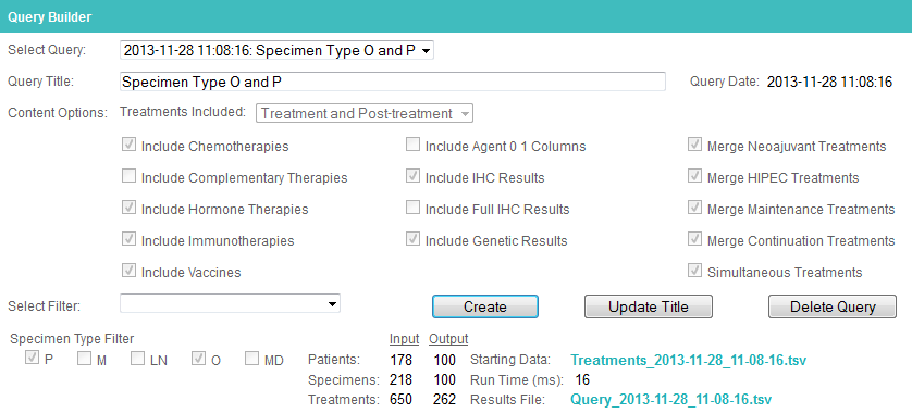 The Queries tab in Colabrativ’s Clinical Entry and Operations (Cleo) application after using a specimen type filter of O and P on a treatments table.