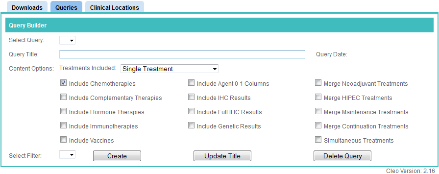 The Queries tab in Colabrativ’s Clinical Entry and Operations (Cleo) application before the creation of any treatment tables or any queries has been run.