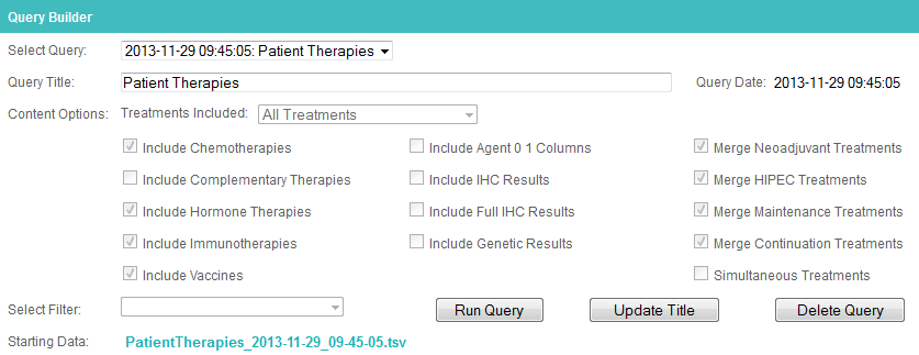 The Queries tab in Colabrativ’s Clinical Entry and Operations (Cleo) application after creating an All Treatments table.  An All Treatments table puts all of a patient’s treatments in a single row.  The treatments table creation options have been disabled after the treatments table has been created.