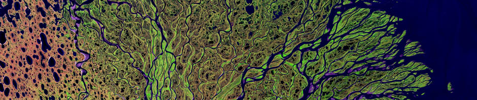 Landsat 7 Enhanced Thematic Mapper plus infrared to red false-color composite image of Lena River delta on July 27, 2000, NASA
