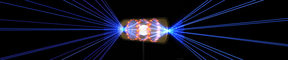 Rendering of NIF target pellet inside a hohlraum capsule with laser beams entering through openings. Compressing and heating the target to achive nuclear fusion. Lawrence Livermore Nat. Lab.