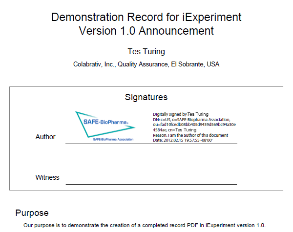 The top of a completed PDF record prepared by iExperiment, Colabrativ's enterprise electronic notebook.  The record has been signed by the author, but has not been witnessed yet.
