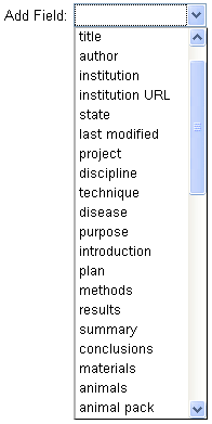 The top portion of the Add Field pull down menu in iExperiment electronic notebook search user interface.