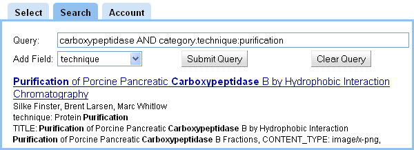 iExperiment electronic notebook search user interface showing a carboxypeptidase purification example