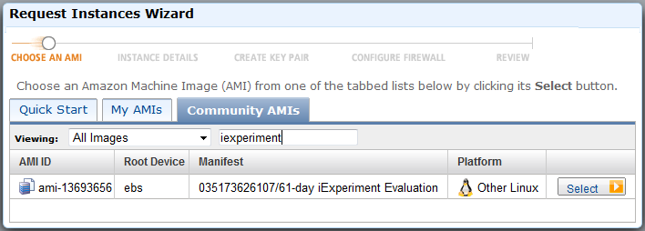 Enterprise Electronic Notebook, iExperiment, Public Machine Image on the Amazon Web Services (AWS) Management Console - US West - Launch Instance Wizard - Community AMIs.  This image has been edited to fit in this post.